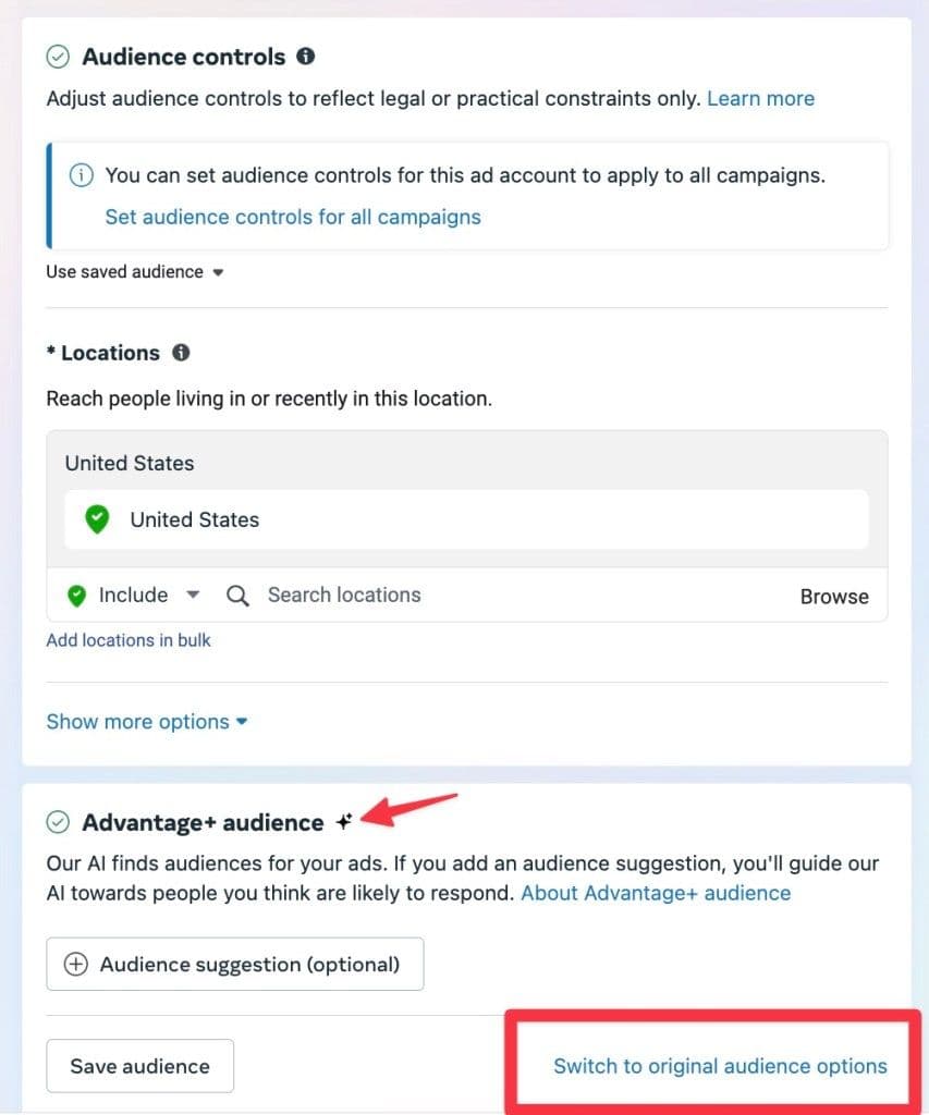 Disabling advantage+ audiences in Meta ads manager.