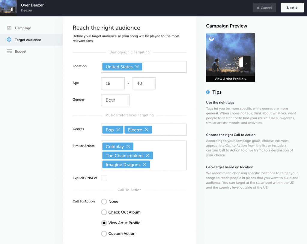 Feature FM Deezer targeting campaign