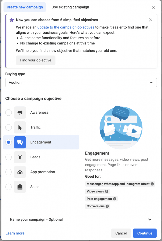 Newer Facebook ads campaign creation window for conversion campaigns