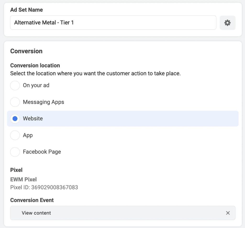 Facebook ads ad set creation conversion event