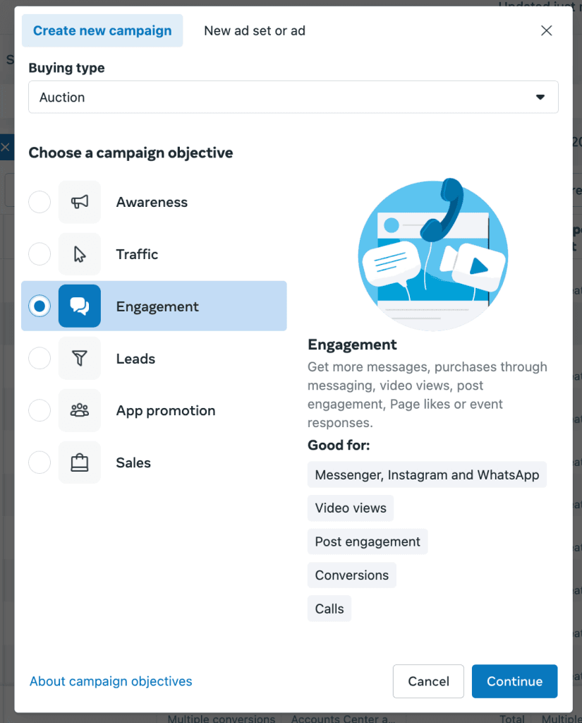 Facebook ads campaign objective window