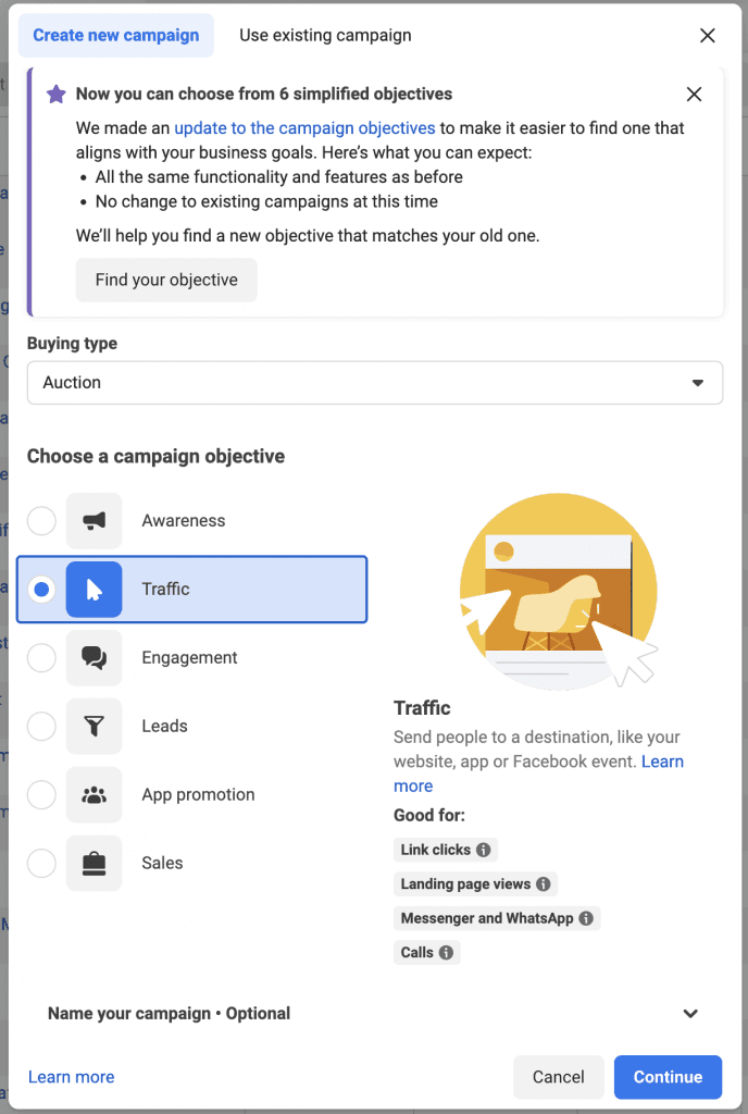 Newer Facebook ads campaign creation window for traffic campaigns