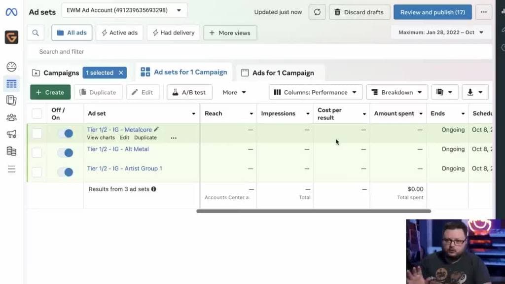 Looking at different ad sets in Meta ads manager.