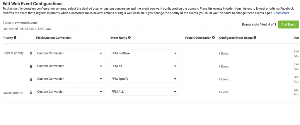 Aggregated events measurement pixel setup, choosing events for domain