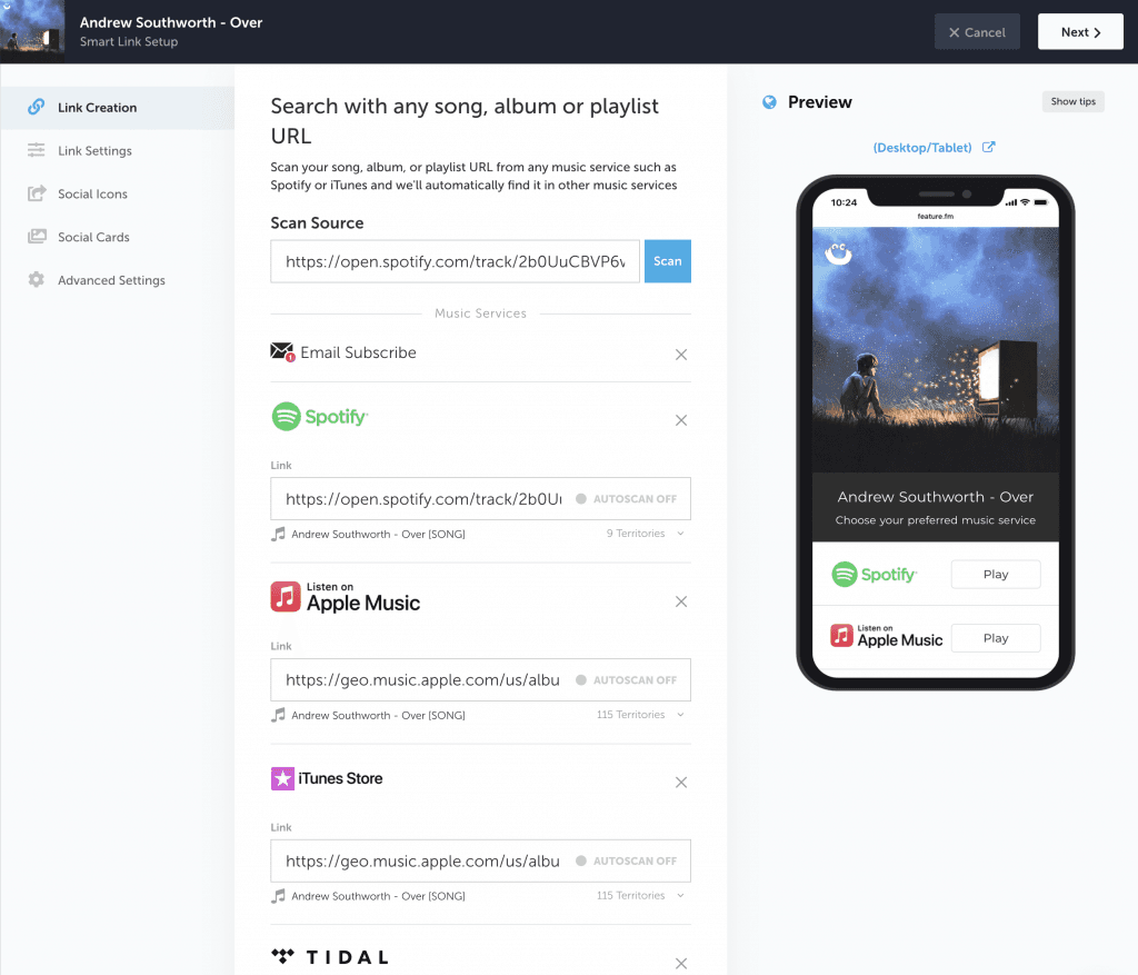 Feature FM editing a smart link