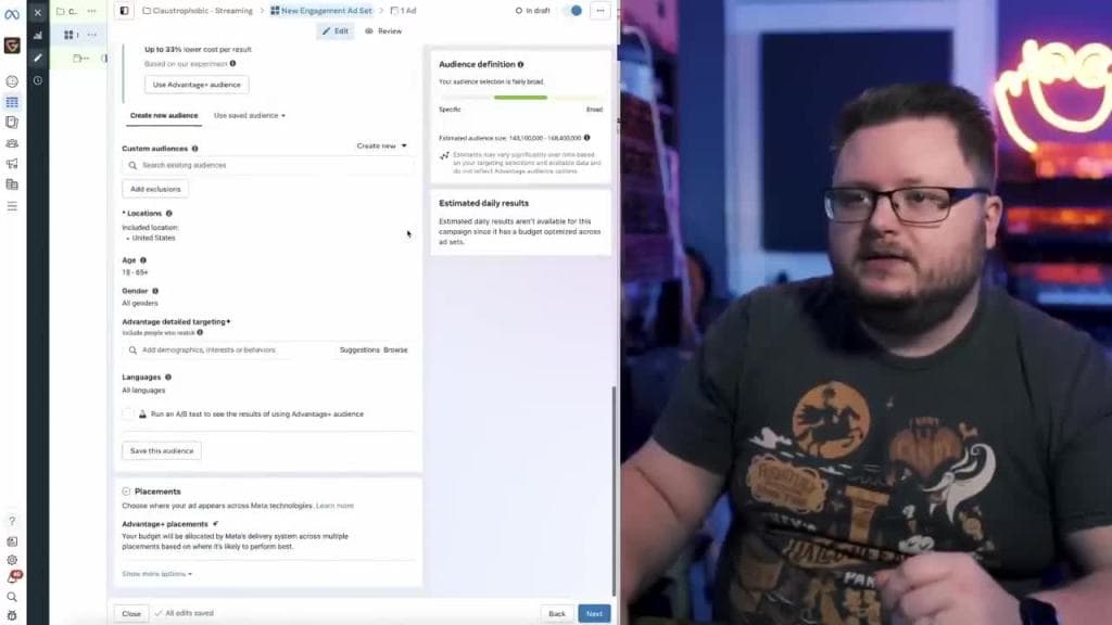 Defining the audiences in the ad set in ads manager