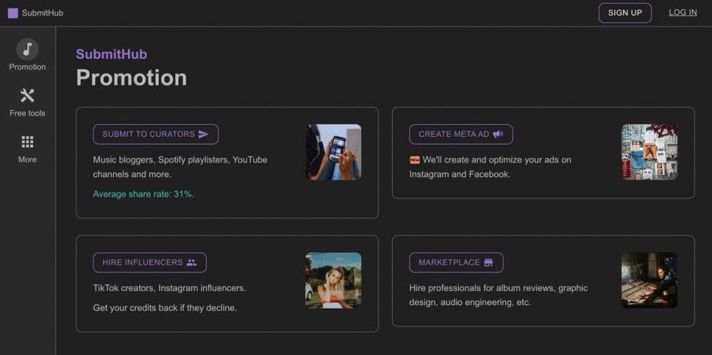 SubmitHub website, music marketing companies