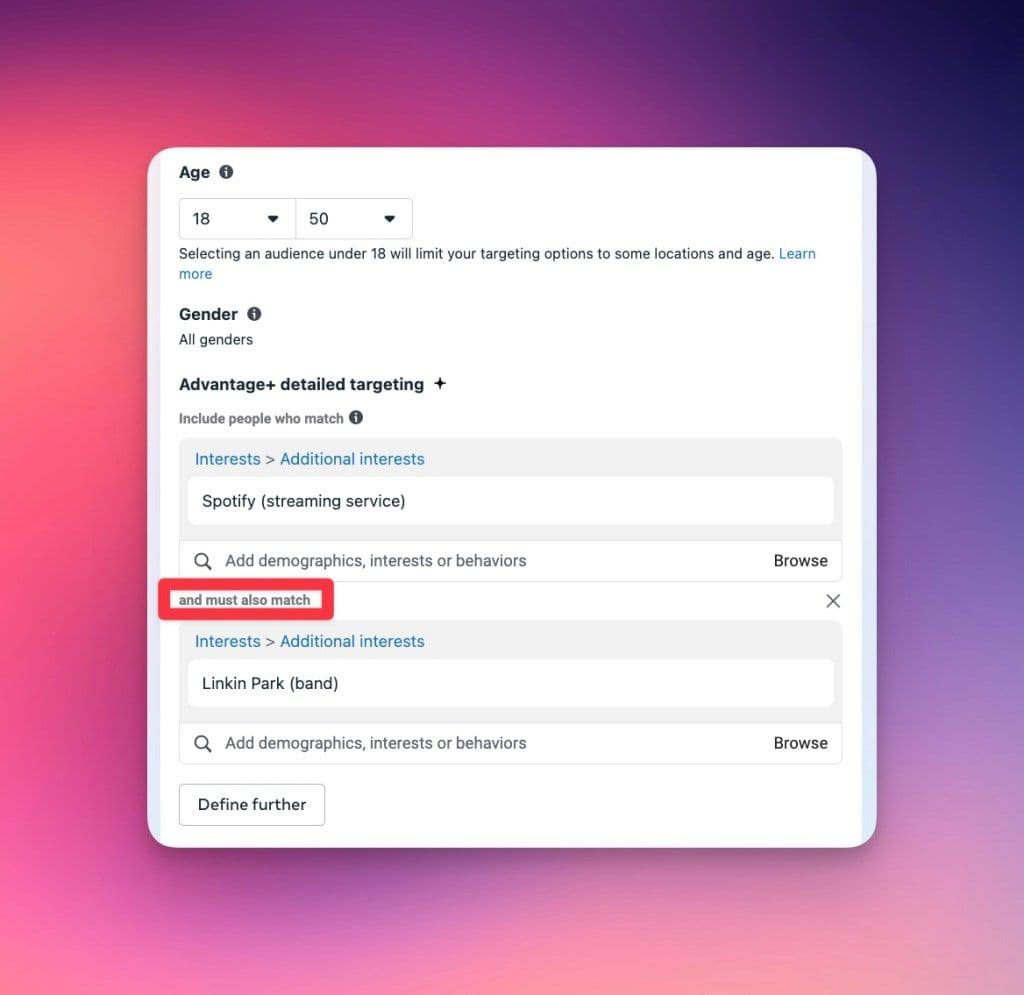 Meta ads for music detailed targeting and audience setup in ads manager.