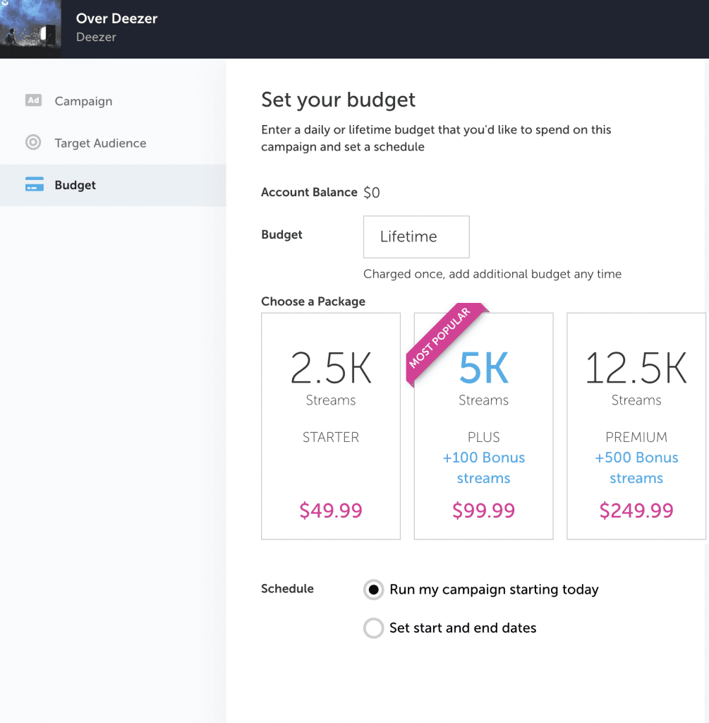 Feature FM deezer campaign pricing