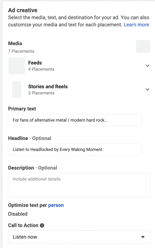 Facebook Spotify conversion ad creation