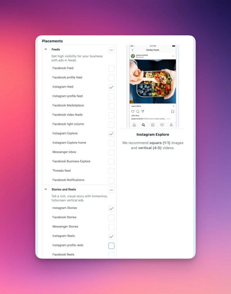 Meta ads for music placement settings.