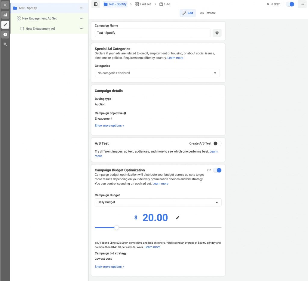 Facebook campaign creation window