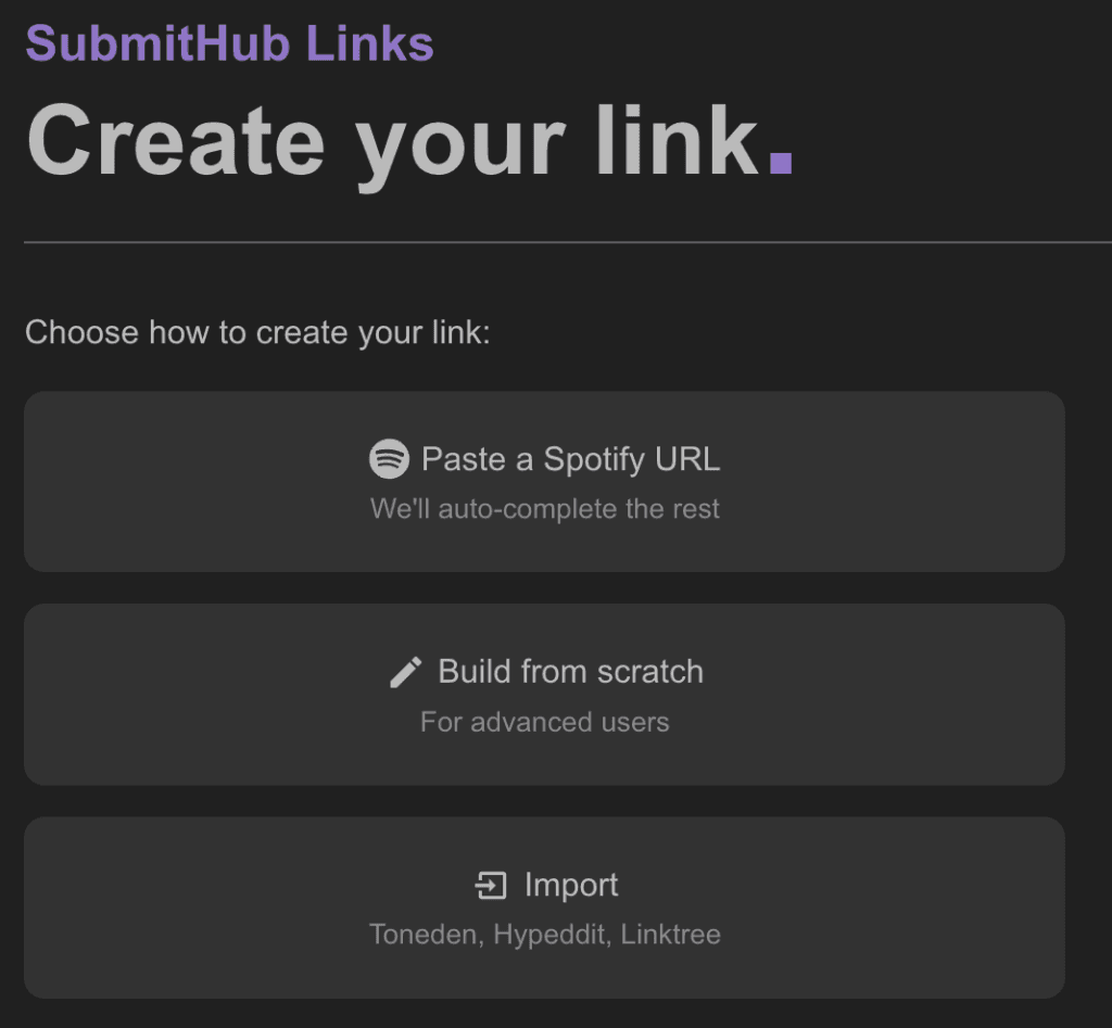 SubmitHub links creating a landing page